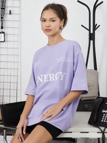 SWAVVY 1 Miếng Lỏng lẻo Dệt kim Giải trí In Áo thun - Màu tím - Xem 6