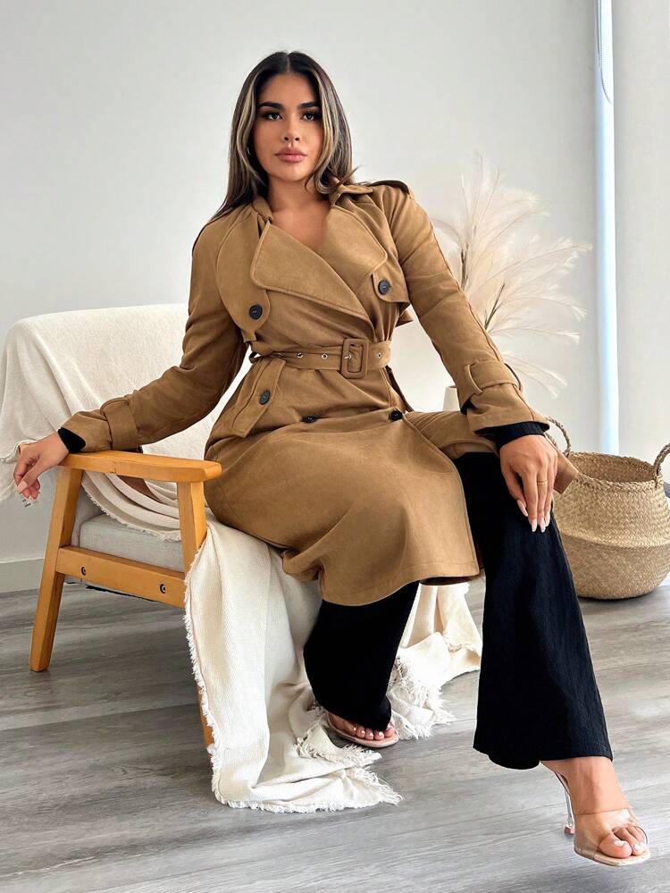 Double-Breasted Trench Coat With Belted Waist And Raglan Sleeve