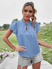 SHEIN VCAY Swiss Dot Puff Sleeve Tie Neck Blouse