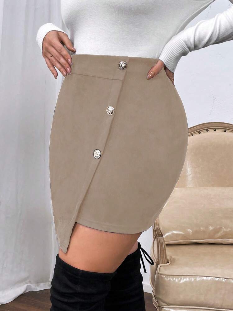 Plus Button Front Asymmetrical Hem Skirt