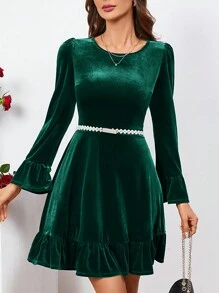 SHEIN Clasi 女性絲絨裙襬褶邊禮服 - 墨綠色 - 查看 4