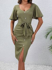 SHEIN VCAY Polka Dot Print Bell Sleeve Belted Dress - Green - View 4