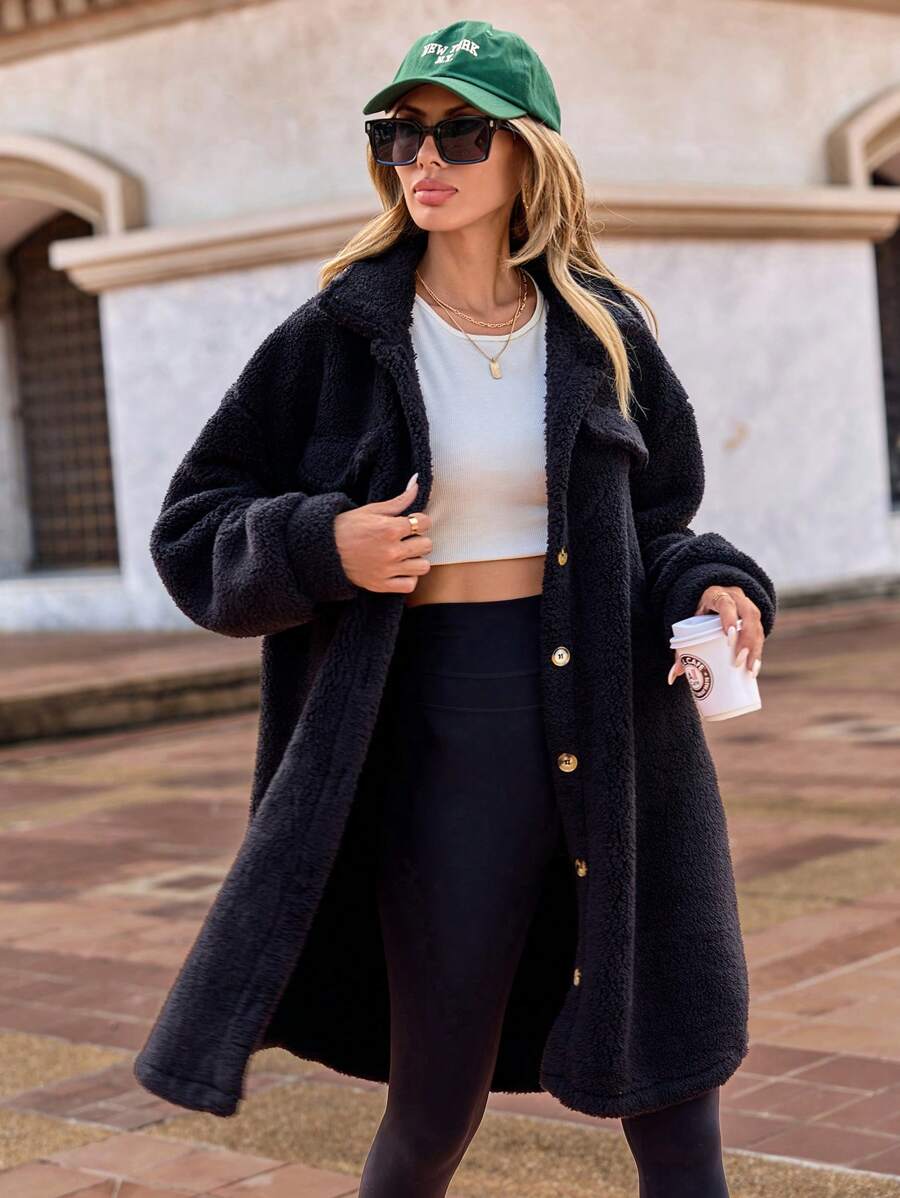 RueChic Drop Shoulder Flap Detail Teddy Coat - Black - View 1