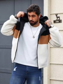 Manfinity Homme Men's Colorblock Zipper Up Hooded Plush Jacket, Colorful, Husband, Long Sleeve, Warm Jacket, Sherpa, Men Zip Up Fleece Hoodie, Winter - Beige - View 7