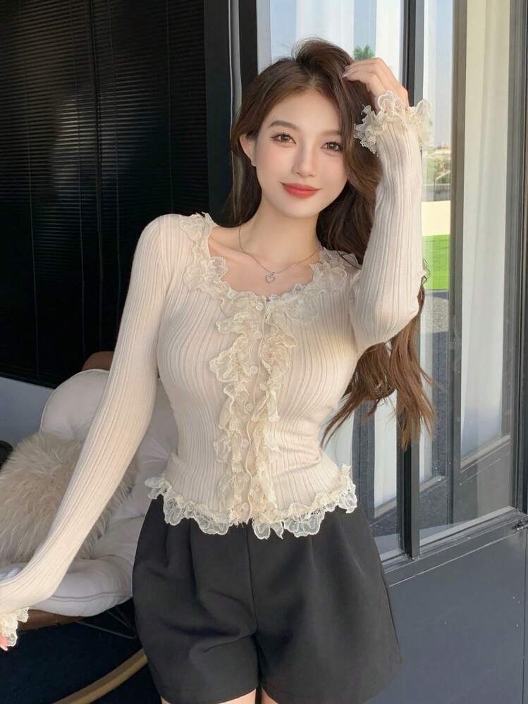 DAZY レース切り替えボタンダウンカーディガン、長袖トップス、秋の女性服 - ベージュ - 見る 6