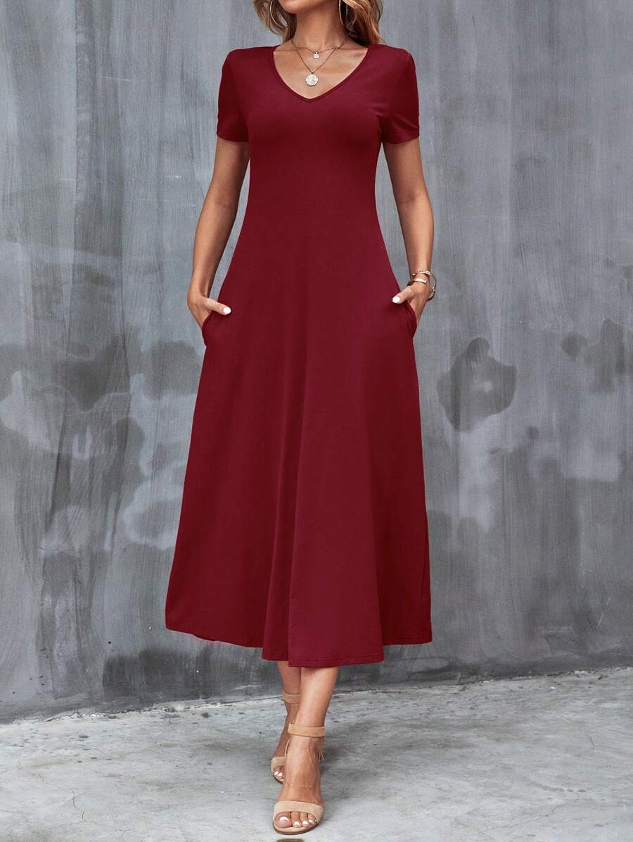 SHEIN Clasi Women's Solid Color Dress With Hidden Pockets Burgundy Dress Womencasual Long Dress - Burgundy - View 1