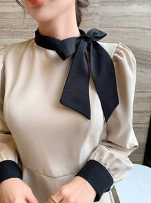 DAZY Vestido de mujer con cuello de contraste, cintura con lazo, manga abullonada, vestido de otoño de manga larga