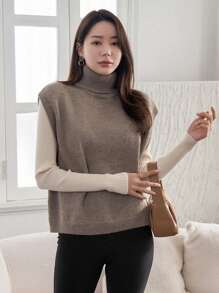 DAZY 女士高領針織毛衣背心 - 駝色 - 查看 1