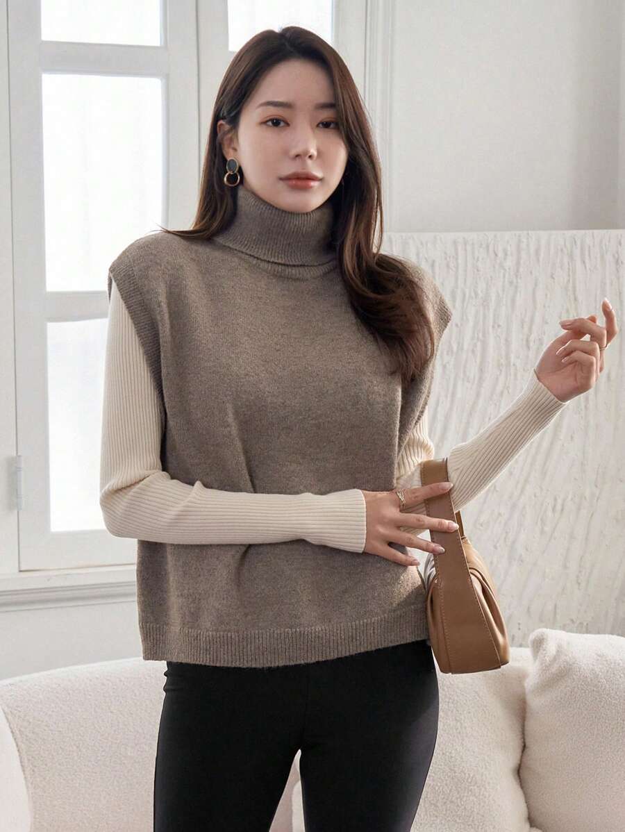 DAZY 女士高領針織毛衣背心 - 駝色 - 查看 1