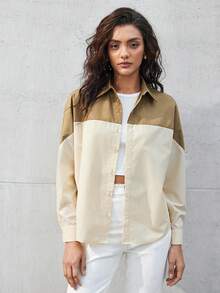 BizChic Của phụ nữ Khối màu Thả vai Áo sơ mi - Màu Khaki - Xem 4