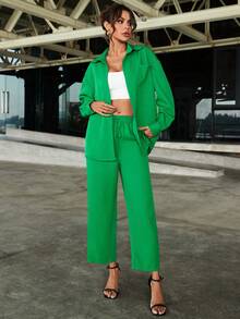 SHEIN LUNE Của phụ nữ Thả vai Tay áo dài Áo sơ mi Và Quần Bộ - màu xanh lá - Xem 6