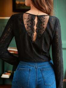 SHEIN Frenchy Women's Backless Lace Top - Black - View 1