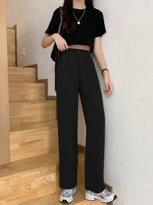 素色直筒西裝褲 - 黑色 - 查看 1