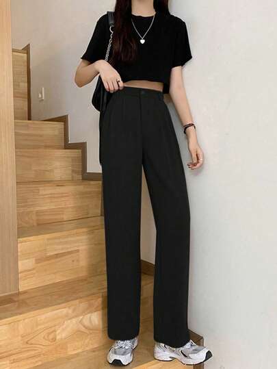 女士纯色高腰休闲直筒西装裤 黑色 春季款