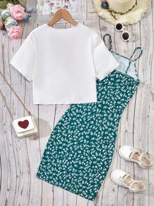 SHEIN 2 cái/bộ Màu thuần Áo thun Và In hoa Dây đeo Mì Ý  Đầm Đối với Cô gái tuổi teen - Nhiều màu - Xem 2