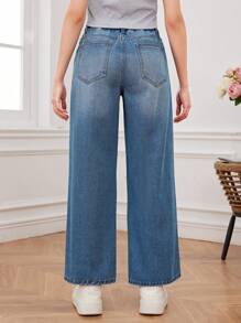 Teen Girl'S Casual Low Rise Wide Leg Jeans With Distressed Detailing - Medium Wash - View 2