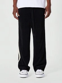 SUMWON 天鹅绒阔腿运动裤宽松版型运动休闲裤，带侧条纹运动裤，休闲街头服饰，冬季舒适裤 - 黑色 - 查看 2