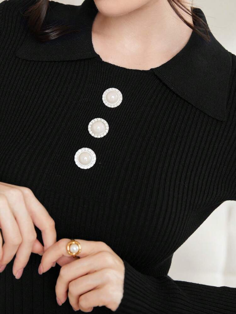 Lapel Button Decor Slim Fit Sweater Dress Fall Cloth For Women