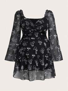 SHEIN LUNE Kích thước lớn Của phụ nữ Lưới In Nấm Đầm - màu đen - Xem 6