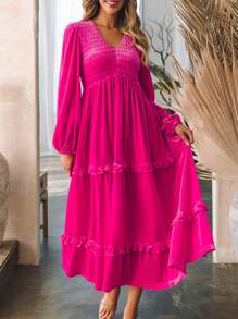 Hoa hồng Quây Cổ chữ V Tay áo lồng đèn Bọc Xếp li Xù Hoa Sen Nhung Buổi tiệc Tối Đầm tiệc rượu - Màu Hồng Tươi - Xem 1