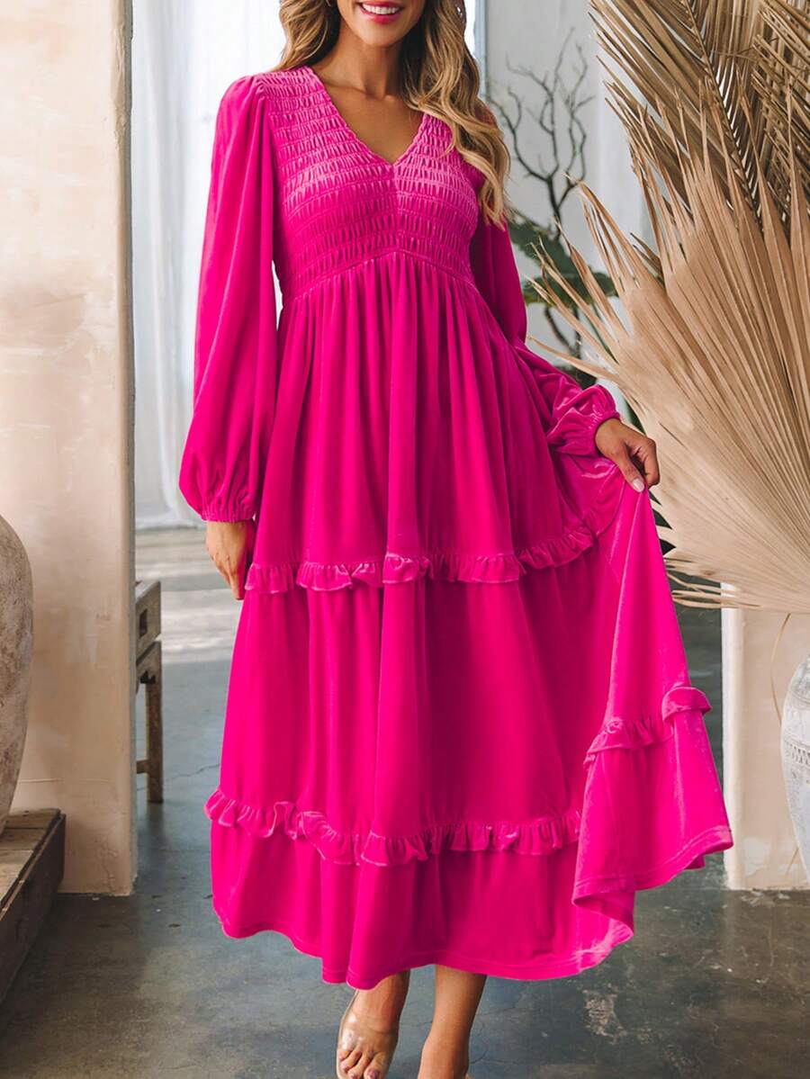 Hoa hồng Quây Cổ chữ V Tay áo lồng đèn Bọc Xếp li Xù Hoa Sen Nhung Buổi tiệc Tối Đầm tiệc rượu - Màu Hồng Tươi - Xem 1