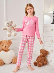 Conjunto de pijama para niña preadolescente con camiseta de manga larga impresa con letra y pantalones largos con patrón de cuadros