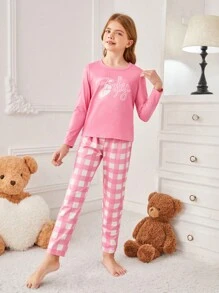 Conjunto de pijama para niña preadolescente con camiseta de manga larga impresa con letra y pantalones largos con patrón de cuadros