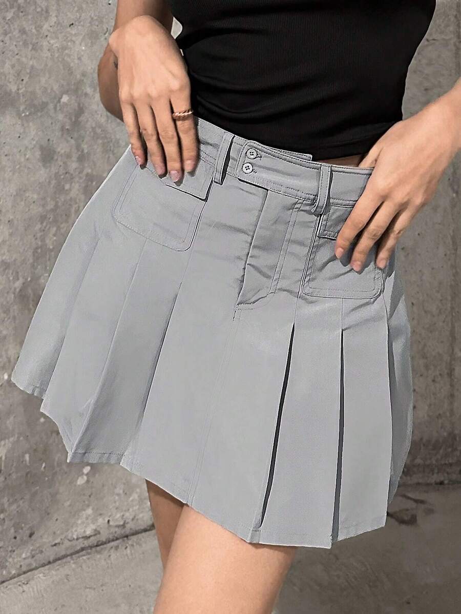 SHEIN Essnce Túi có nắp Mặt trước Chân Váy xếp ly - Xám - Xem 1