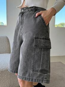 DAZY Ladies' Cargo Style Denim Shorts With Pockets - Grey - View 1