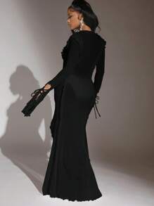 SHEIN SXY Women'S Solid Color Slit Floor-Length Dress - Black - View 2