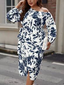 SHEIN Unity Đầm Maxi in họa tiết cây vai bất đối xứng cỡ lớn cho nữ - màu đen - Xem 4