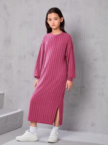 SHEIN Leap Crew Tween Girls' Loose Round Neck Sweater Dress With Side Slit & Drop Shoulder Design - Hot Pink - View 6