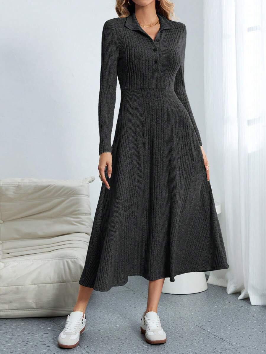 SHEIN Essnce Quý cô màu trơn Đồ đan Ribbed Đầm Áo len - Màu xám đen - Xem 1