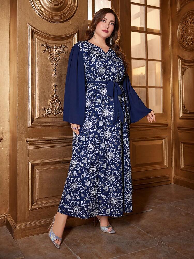 Plus Size Women'S Floral Print Belted Dress Long Evening Dresses Fall Cloth For Women