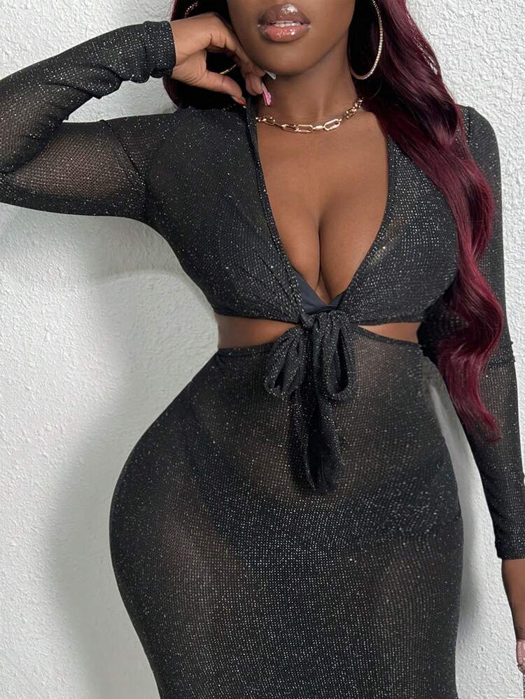 Slayr Sexy Sheer Strap V-Neck Cutout Waist Long Sleeve Black Sequin Mesh Patchwork Knit Dress For Women