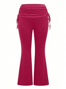 Flirla Plus Size Women'S Ruched Waisted Flared Pants With Pleats - Hot Pink - View 1