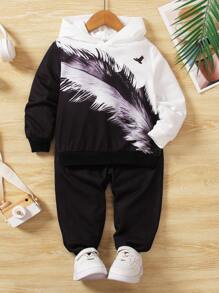 Toddler Boys' Casual Hooded Sweatshirt With Feather Pattern Print, Matched With Solid Color Jogger Pants - Multicolor - View 1
