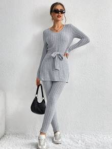 SHEIN Essnce 女式純色繫帶羅紋兩件套 - 灰色 - 查看 5