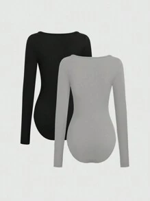 SHEIN Unity 女士純色長袖連體衣 - 灰色 - 查看 2