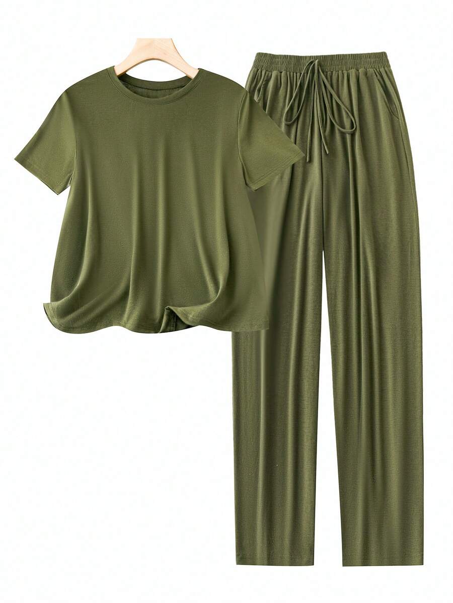 SHEIN LUNE 大尺碼女士短袖t恤和褲子套裝 - 軍綠色 - 查看 1