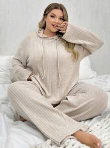 Plus Size Solid Color Drawstring Hooded Homewear Set - Apricot - View 6