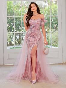 Mesh Spliced Sequin High Slit Cami Cocktail Dress - Pink - View 4