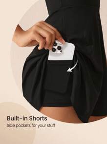 SHEIN Sports 純色細肩帶運動短裙黑色連衣裙 - 黑色 - 查看 3