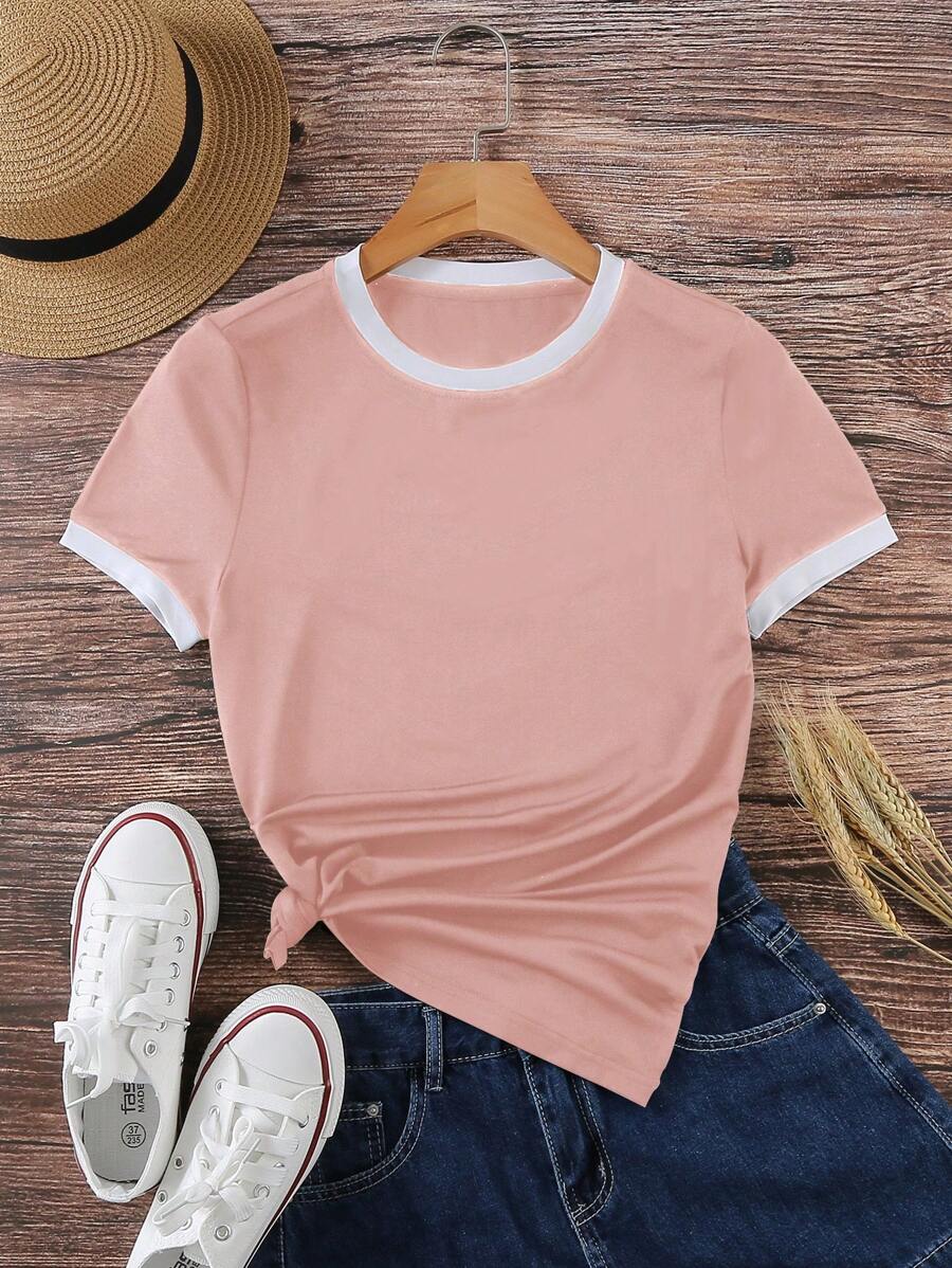 INAWLY 女士對比邊條t恤 - 粉色 - 查看 1