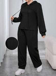 SHEIN Essnce Plus Size Women'S Textured Hooded Top & Pants Set - Apricot - View 1