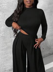 Slaydiva 女立領長袖上衣寬褲套裝 - 黑色 - 查看 4