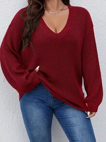 SHEIN LUNE Women'S Plus Size V-Neck Drop Shoulder Sweater - Red - View 1
