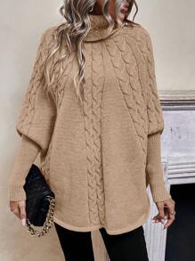 SHEIN LUNE Turtleneck Batwing Sleeve Cable Knit Poncho - Apricot - View 6