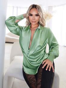 SHEIN SXY Spring Women Clothes Satin Swing Collar Women's Long Sleeve Shirt