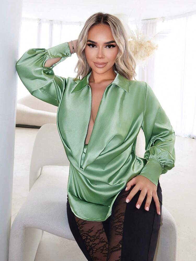 Spring Women Clothes Satin Swing Collar Women's Long Sleeve Shirt